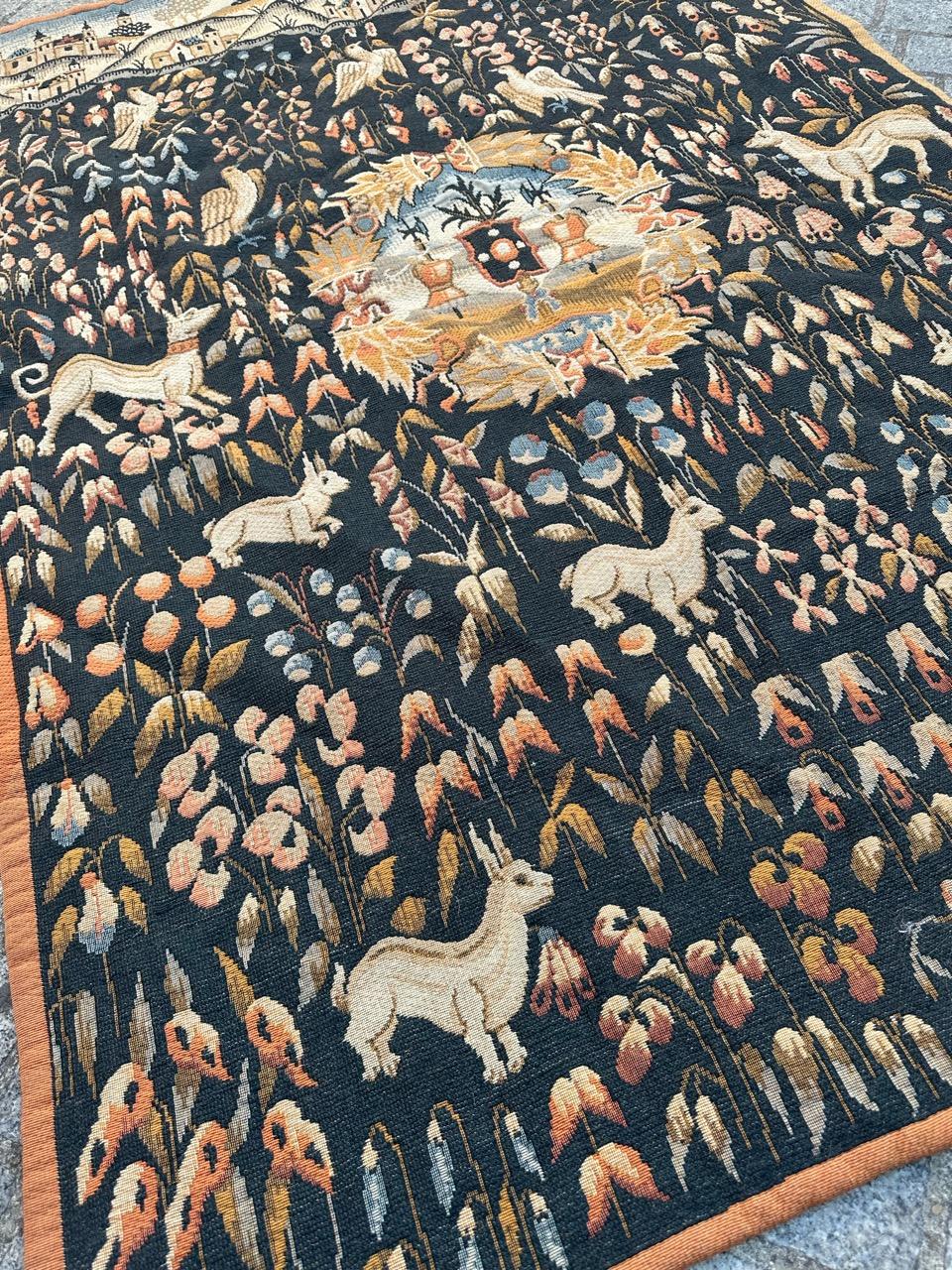 Bobyrug’s Vintage France Aubusson Style Jaquar Tapestry, Flemish « Mille Fleur » For Sale 6
