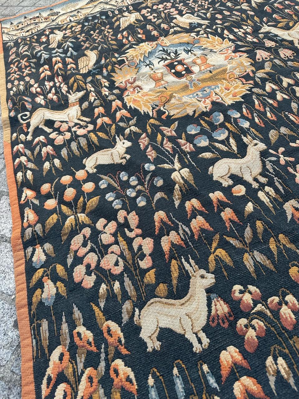 Bobyrug’s Vintage France Aubusson Style Jaquar Tapestry, Flemish « Mille Fleur » For Sale 9
