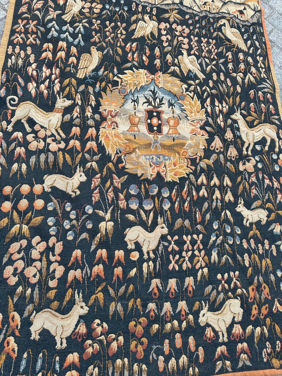 Bobyrug’s Vintage France Aubusson Style Jaquar Tapestry, Flemish « Mille Fleur » For Sale 10
