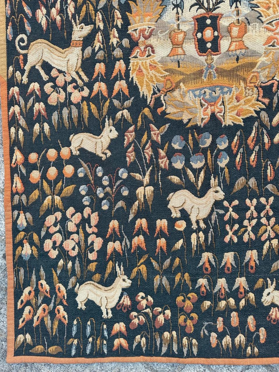Medieval Bobyrug’s Vintage France Aubusson Style Jaquar Tapestry, Flemish « Mille Fleur » For Sale