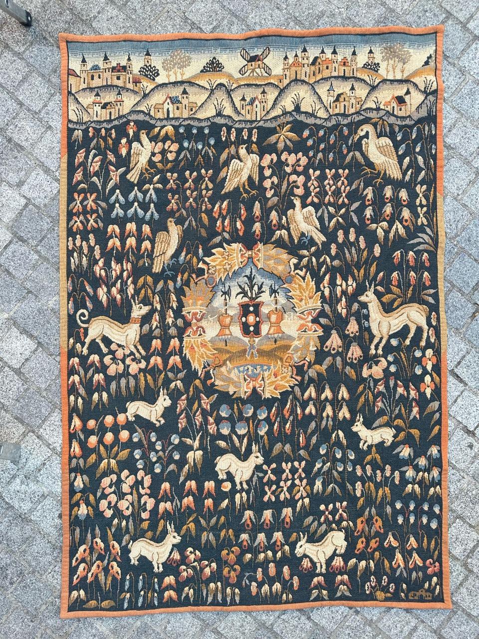 Bobyrug’s Vintage France Aubusson Style Jaquar Tapestry, Flemish « Mille Fleur » In Excellent Condition For Sale In Saint Ouen, FR