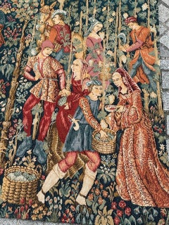 Pretty Vintage French aubusson médiéval style jacquard Tapestry  "Vendanges"