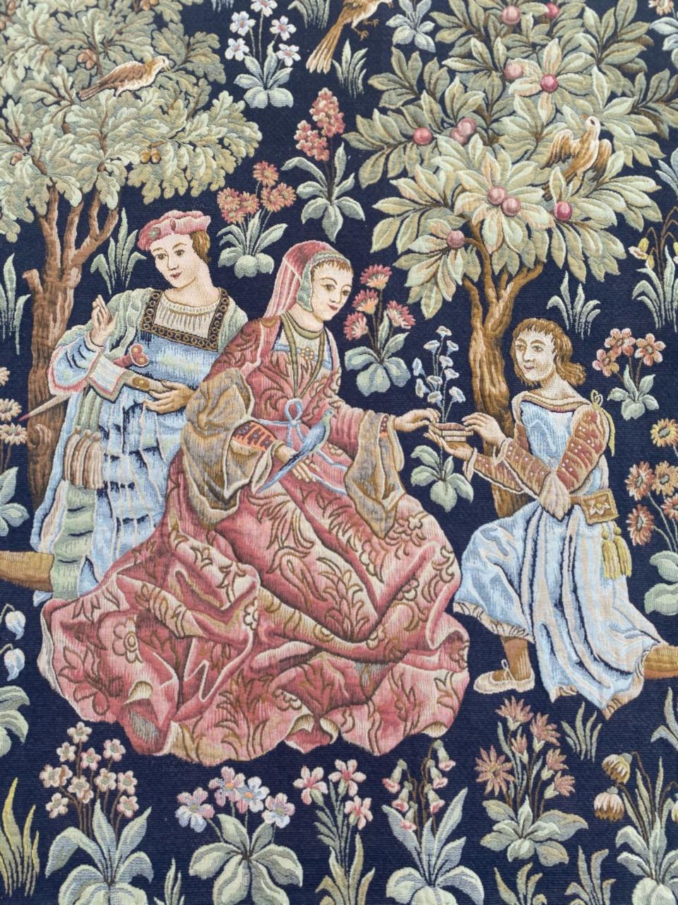 Very beautiful vintage French tapestry with beautiful design of a museum gothic period tapestry and beautiful colors, mechanical Jaquar Halluin manufacturing woven with wool and cotton.