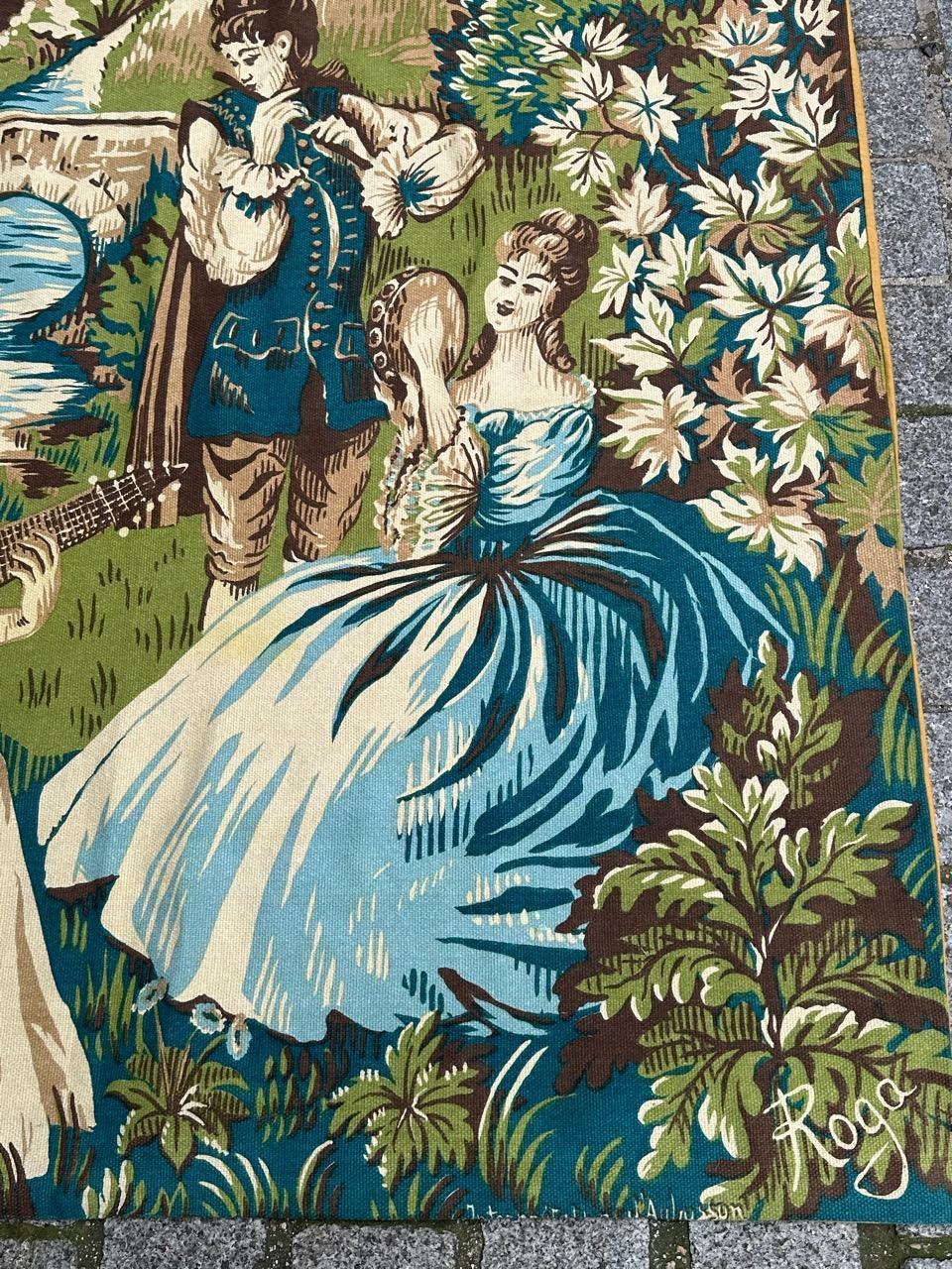 Pretty Vintage Französischer handgedruckter Wandteppich im Aubusson-Stil von Roga im Angebot 11