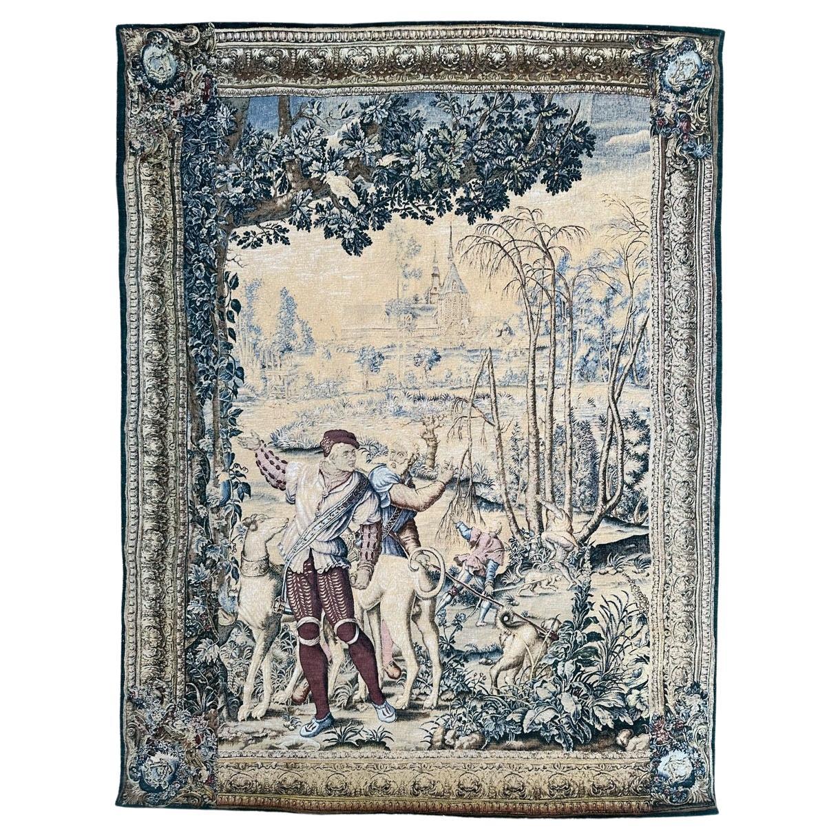 Grazioso arazzo francese vintage in stile Aubusson stampato a mano con disegno medievale