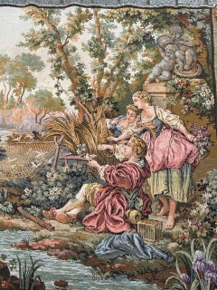 Pretty vintage French Aubusson style Jacquard Tapestry  « hunting and fishing »
