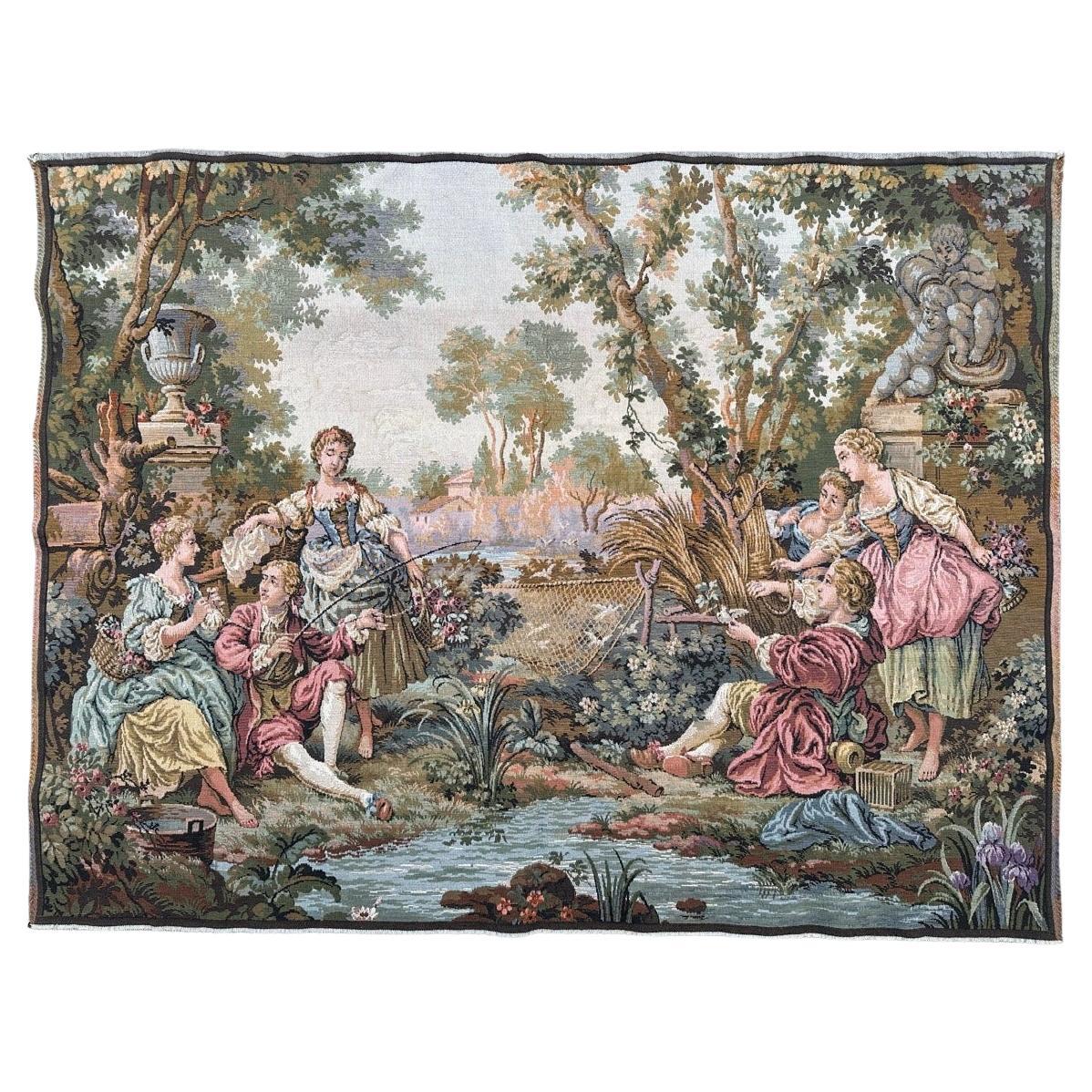 Schöner französischer Jacquard-Wandteppich im Aubusson-Stil, Vintage  " Jagd und Fischerei "