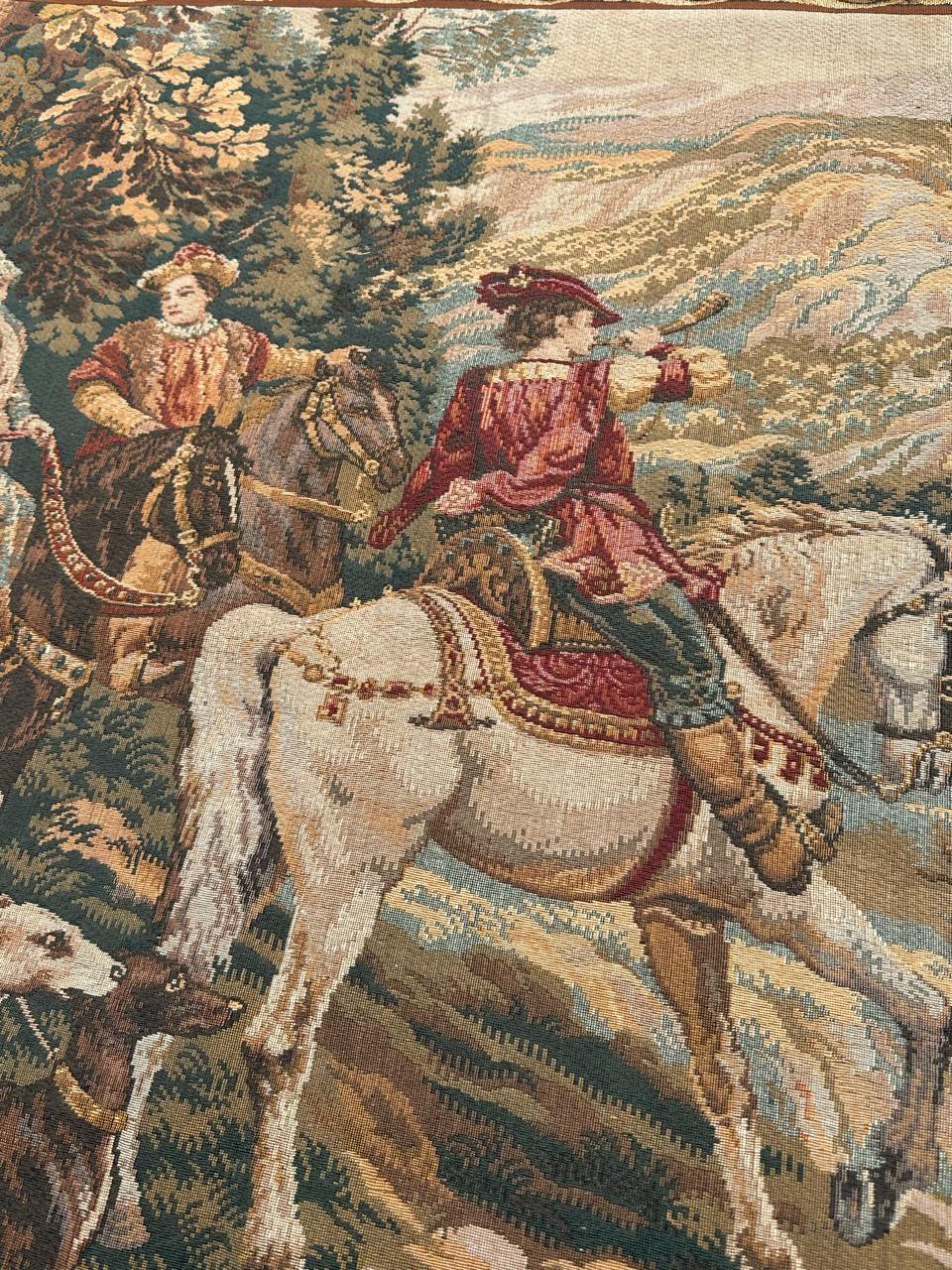 Schöner französischer Jacquard-Wandteppich im Aubusson-Stil im Aubusson-Stil „Hunting with hounds“ im Angebot 12
