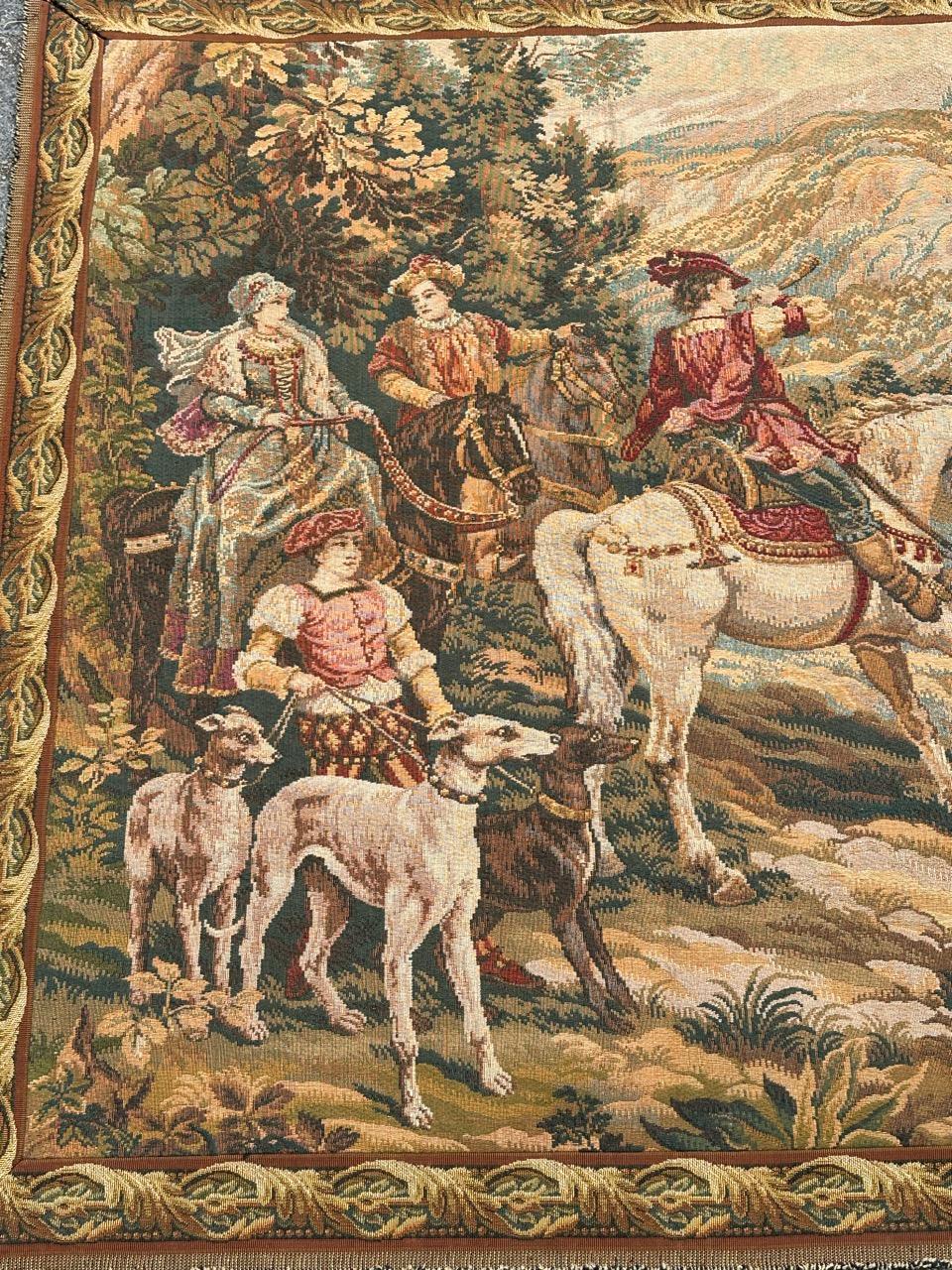 Schöner französischer Jacquard-Wandteppich im Aubusson-Stil im Aubusson-Stil „Hunting with hounds“ (Maschinell gefertigt) im Angebot