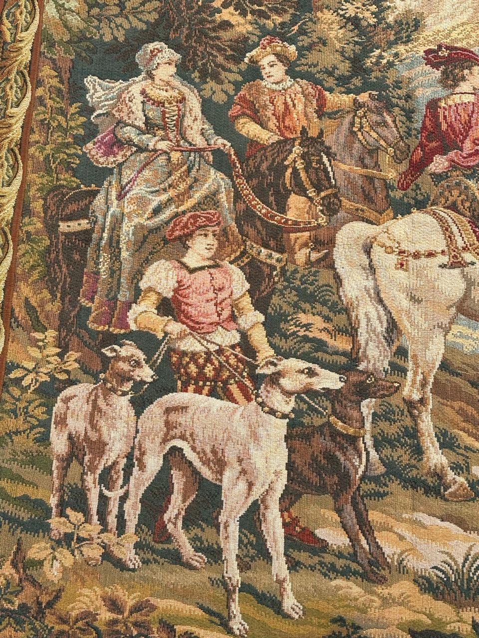 Schöner französischer Jacquard-Wandteppich im Aubusson-Stil im Aubusson-Stil „Hunting with hounds“ (Wolle) im Angebot