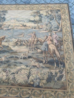 Pretty vintage French Aubusson style Jacquard Tapestry « Hunting with hounds »