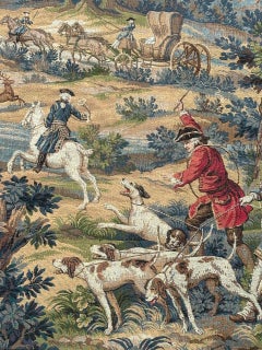 Pretty vintage French Aubusson style Jacquard Tapestry « Hunting with hounds »