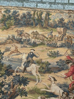 Pretty vintage French Aubusson style Jacquard Tapestry « Hunting with hounds »