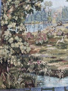 Grazioso arazzo jacquard francese d'epoca in stile Aubusson "Caccia con segugi".