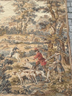 Pretty vintage French Aubusson style Jacquard Tapestry « Hunting with hounds »