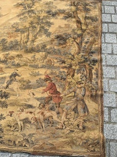 Pretty vintage French Aubusson style Jacquard Tapestry « Hunting with hounds »