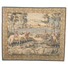 Grazioso arazzo jacquard francese d'epoca in stile Aubusson "Caccia con segugi".