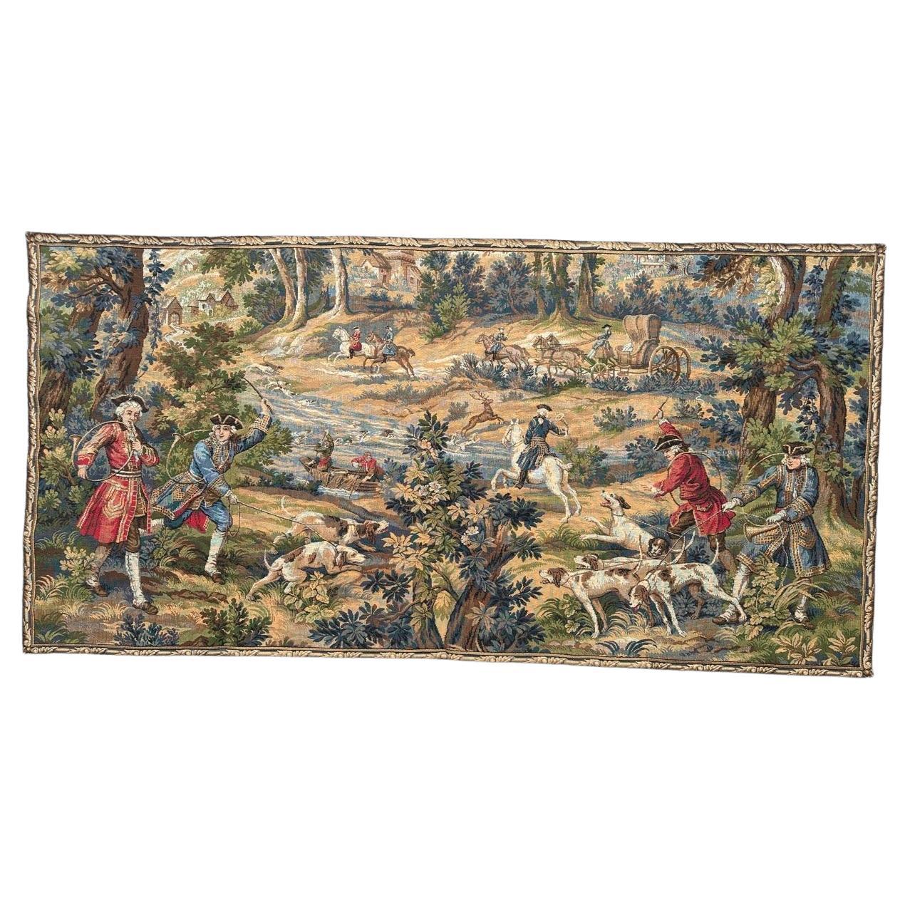 Bonito tapiz Jacquard francés vintage de estilo Aubusson " Caza con sabuesos "