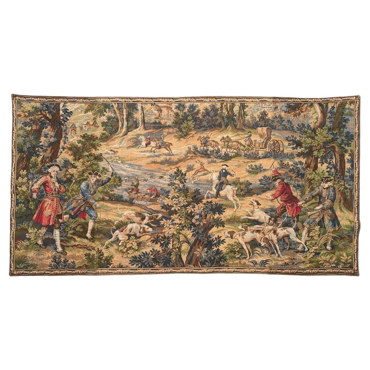 Bonito tapiz Jacquard francés vintage de estilo Aubusson " Caza con sabuesos "