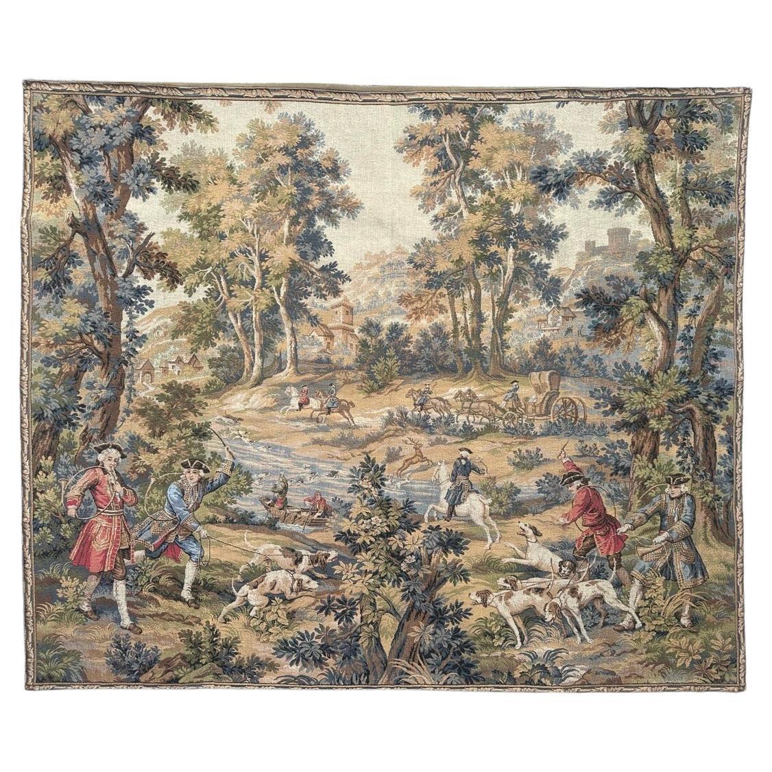 Grazioso arazzo jacquard francese d'epoca in stile Aubusson "Caccia con segugi". in vendita