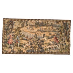 Grazioso arazzo jacquard francese d'epoca in stile Aubusson "Caccia con segugi".