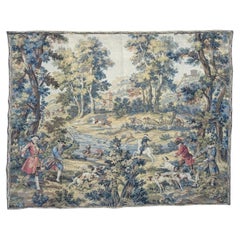 Pretty vintage French Aubusson style Jacquard Tapestry « Hunting with hounds »