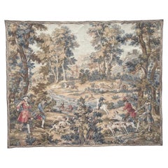 Pretty vintage French Aubusson style Jacquard Tapestry « Hunting with hounds »