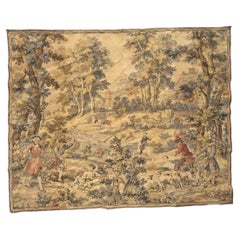 Pretty vintage French Aubusson style Jacquard Tapestry « Hunting with hounds »