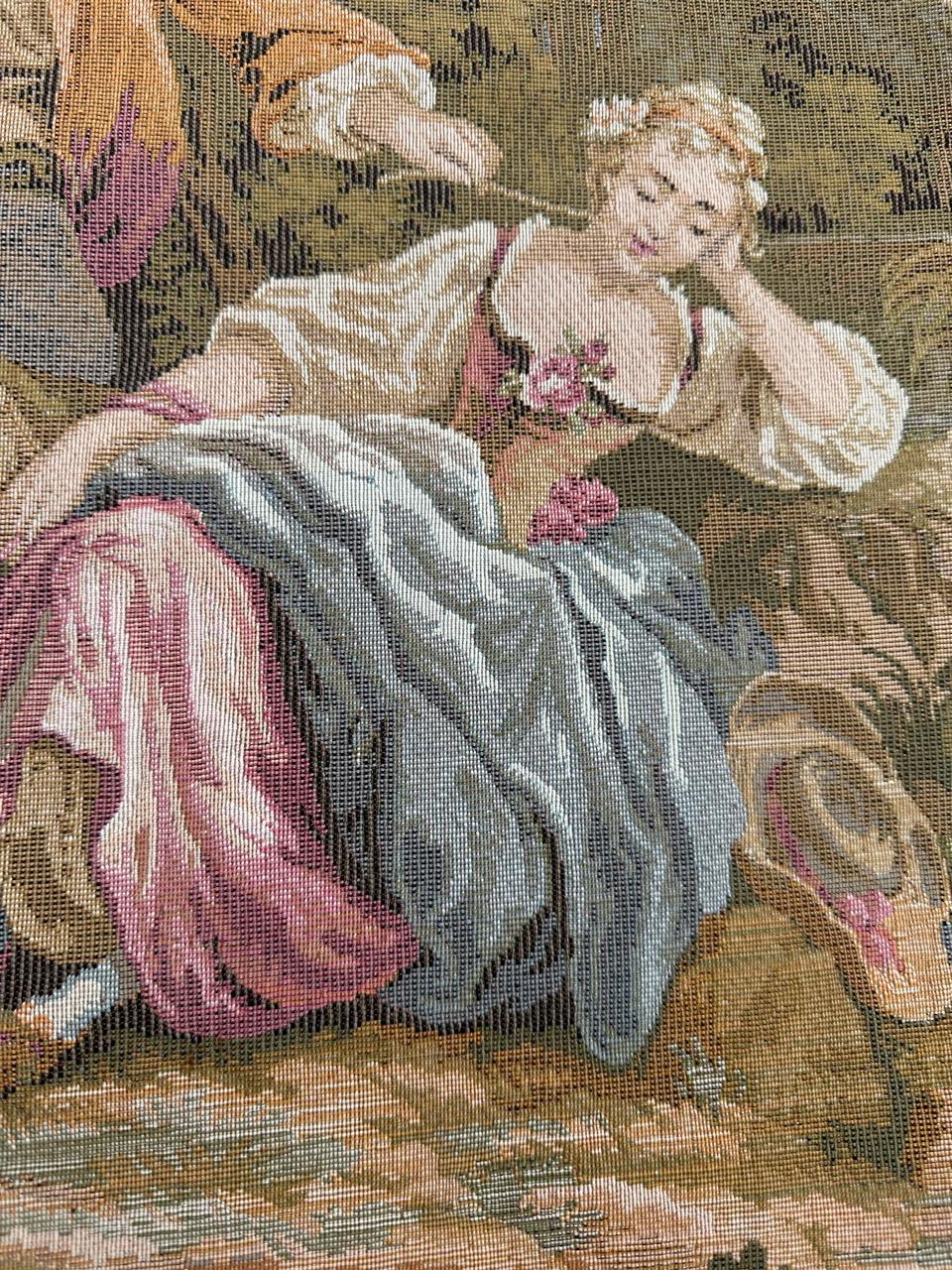 Pretty Vintage French Aubusson Style Jacquard Tapestry « pastoral loves » For Sale 8