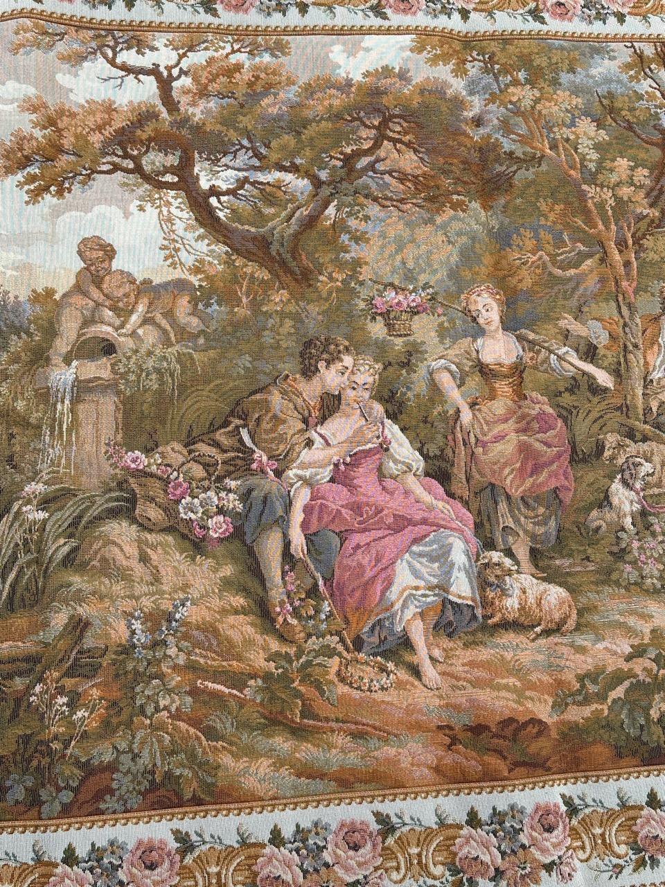 Pretty Vintage French Aubusson Style Jacquard Tapestry « pastoral loves » In Good Condition For Sale In Saint Ouen, FR