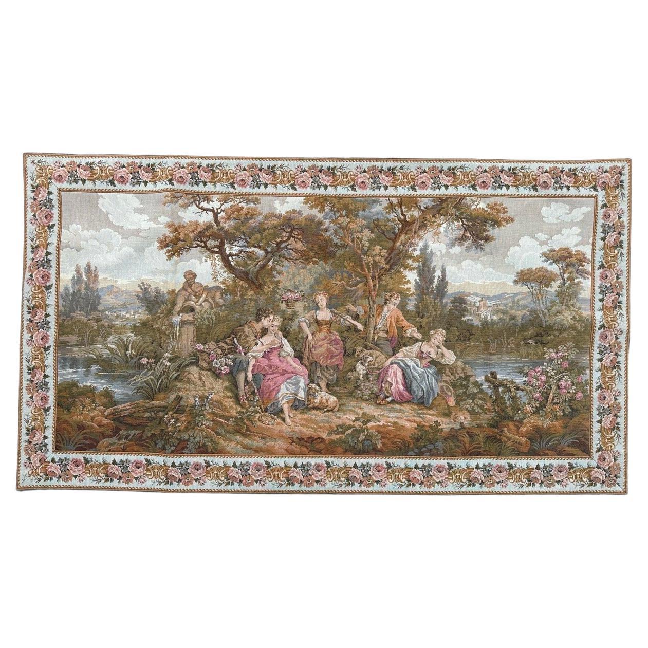 Bonito Tapiz de Jacquard Estilo Aubusson Francés Vintage " amores pastorales "