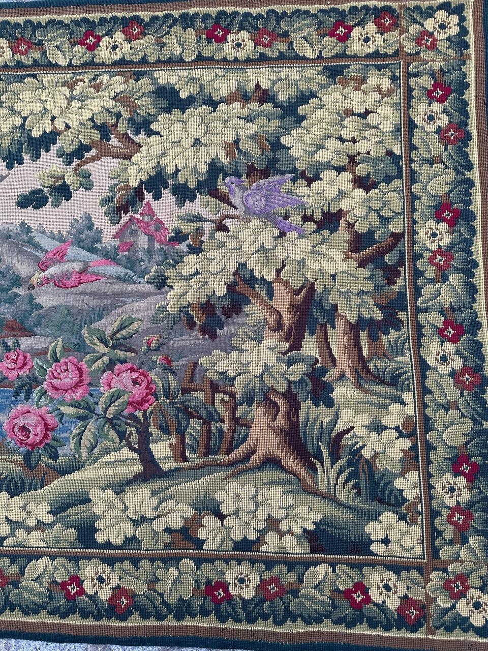 Very beautiful mid century French tapestry with beautiful design of nature with birds and a palace, with beautiful colors, mechanical Jaquar manufacturing with wool.

✨✨✨
