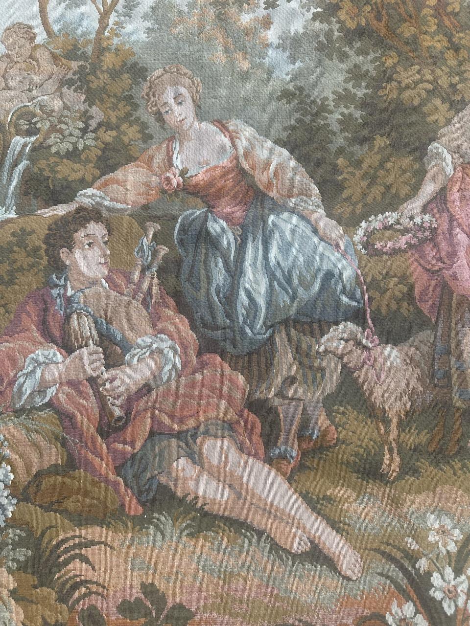 Schöner französischer Jaquar-Wandteppich im Aubusson-Stil, Gallant-Meeting im Angebot 9