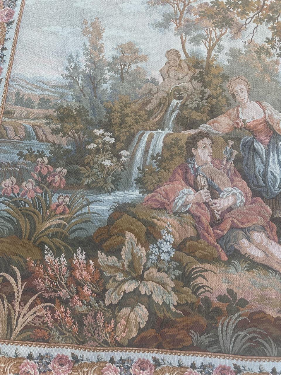 Schöner französischer Jaquar-Wandteppich im Aubusson-Stil, Gallant-Meeting im Zustand „Gut“ im Angebot in Saint Ouen, FR