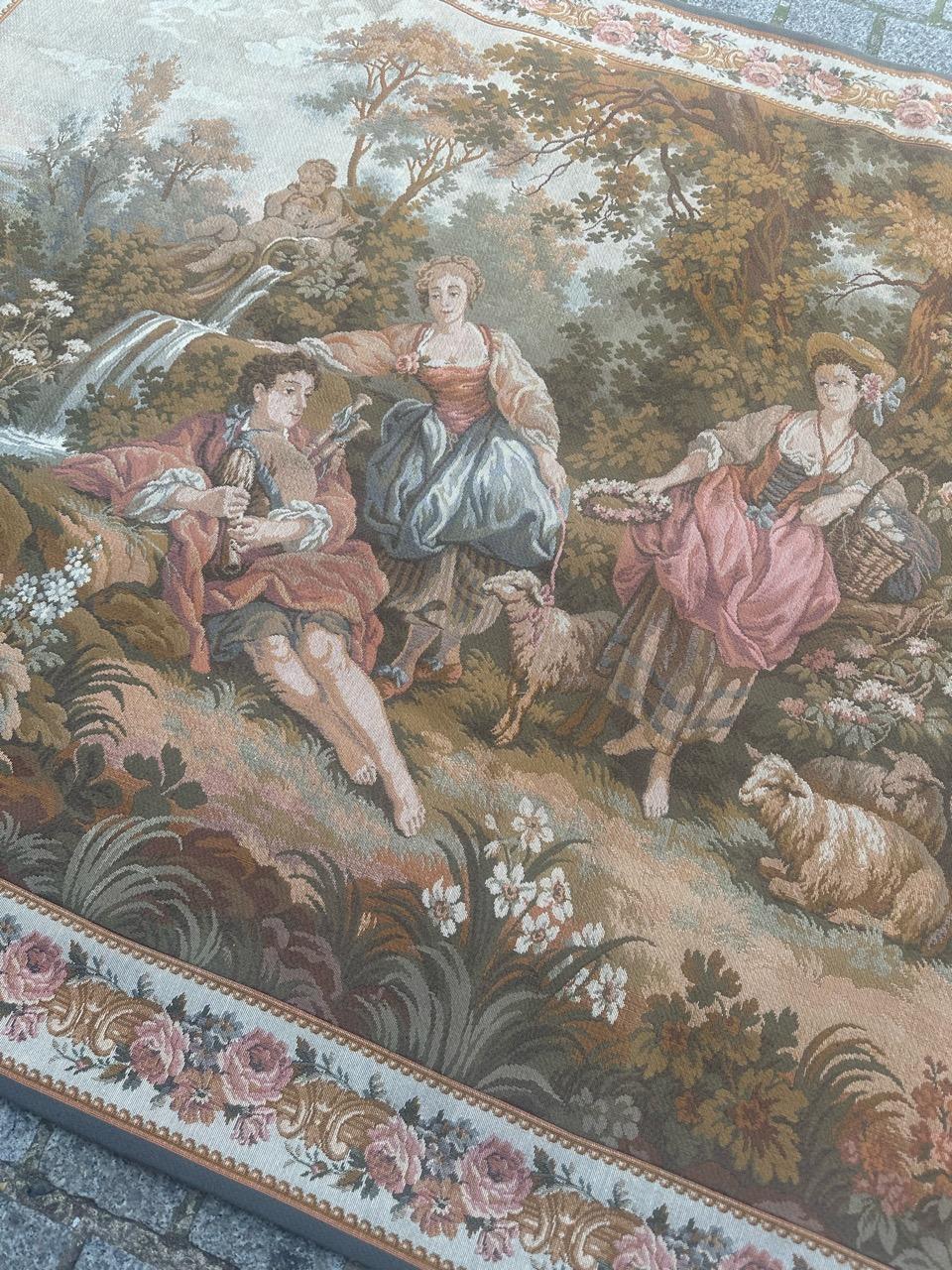 Schöner französischer Jaquar-Wandteppich im Aubusson-Stil, Gallant-Meeting im Angebot 2