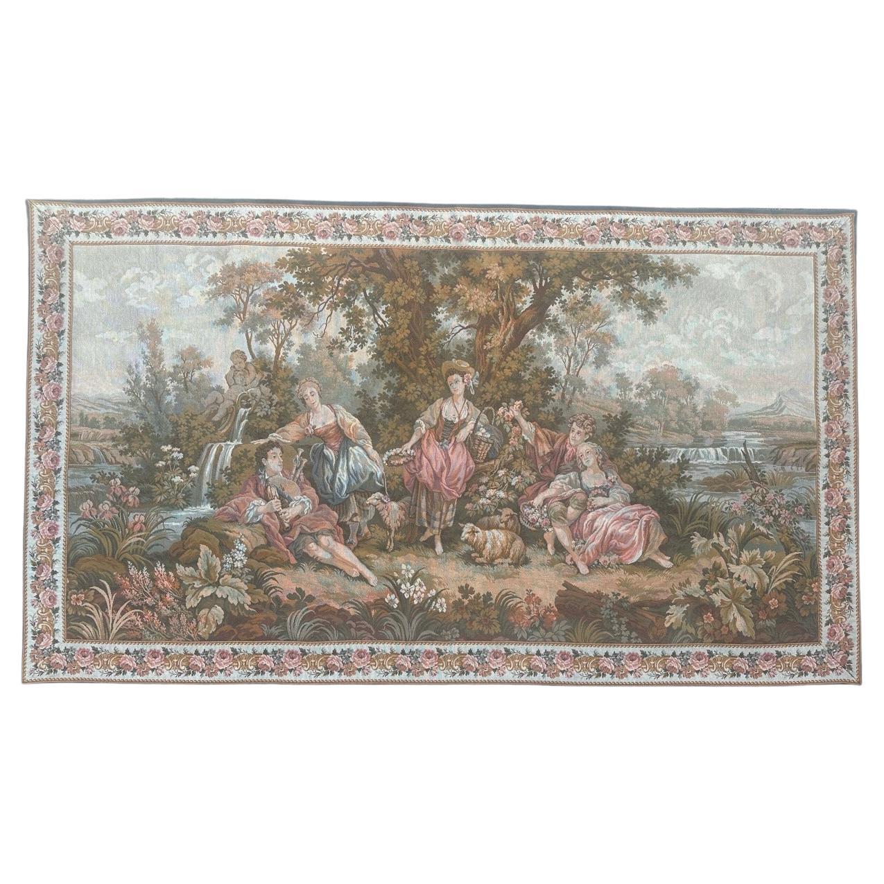 Schöner französischer Jaquar-Wandteppich im Aubusson-Stil, Gallant-Meeting im Angebot