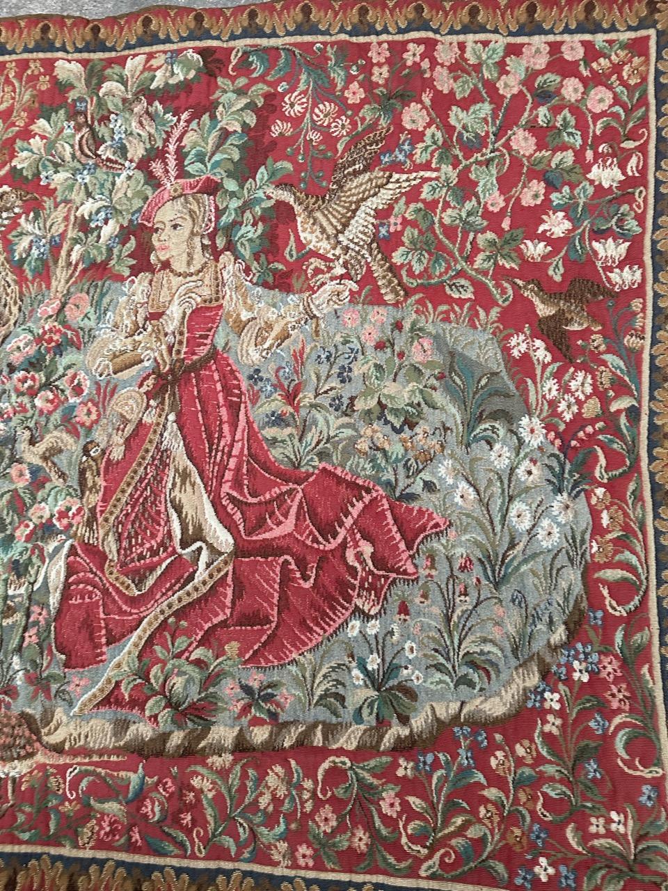 Nice mid century french Aubusson style tapestry with beautiful medieval museum tapestry design and nice colors, woven with mechanical Jaquar manufacturing with wool and cotton.

✨✨✨
