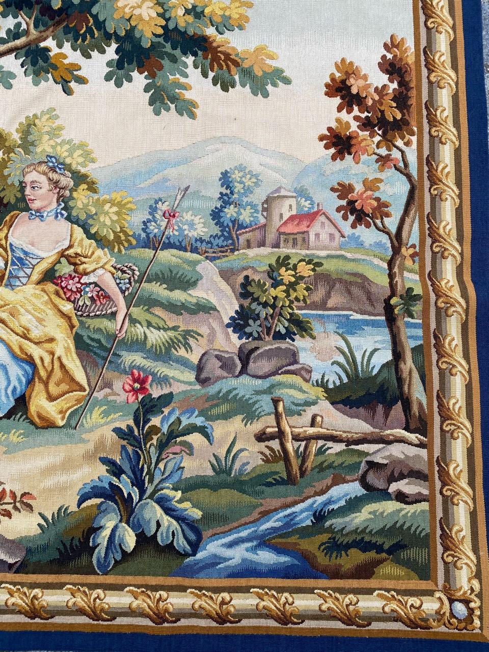 Hand-Woven Bobyrug’s Pretty Vintage French Aubusson Tapestry For Sale