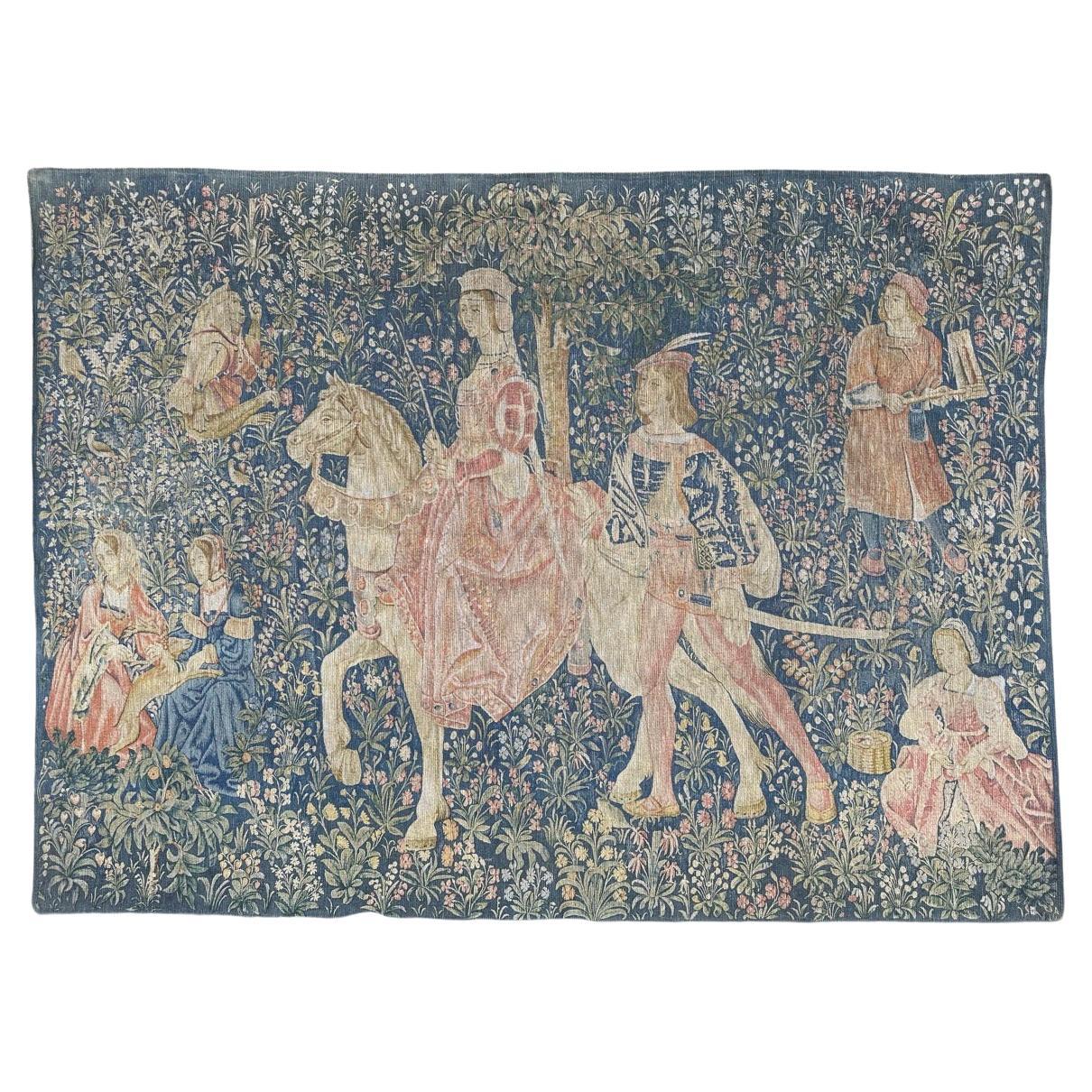 Bobyrug’s Vintage French Hand Printed Medieval Design Tapestry « Noble Amazon  For Sale