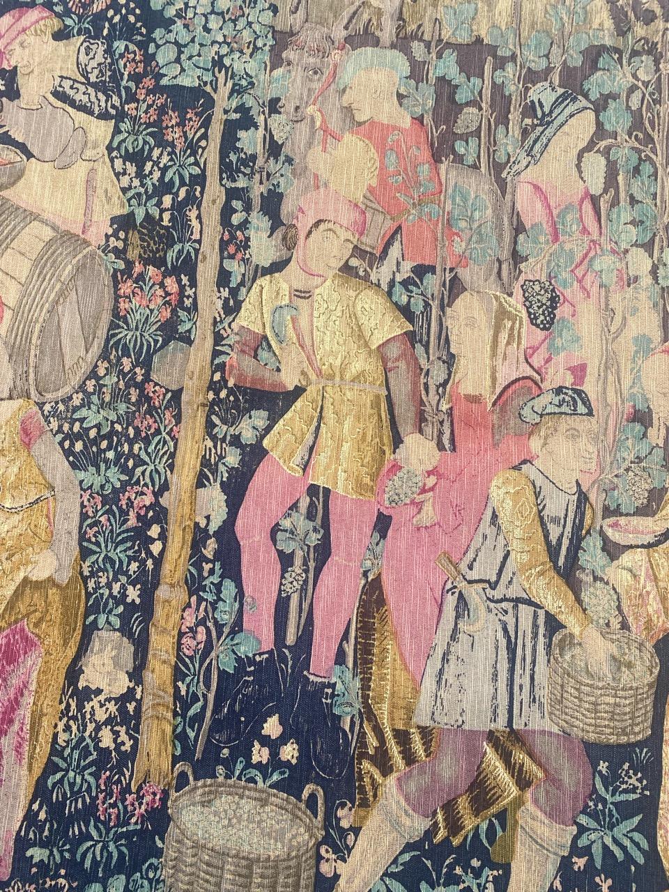 Pretty mid century French tapestry with a medieval design called Vandanges (grape harvest) at Cluny museum, with nice colors, entirely hand printed on cotton foundation.