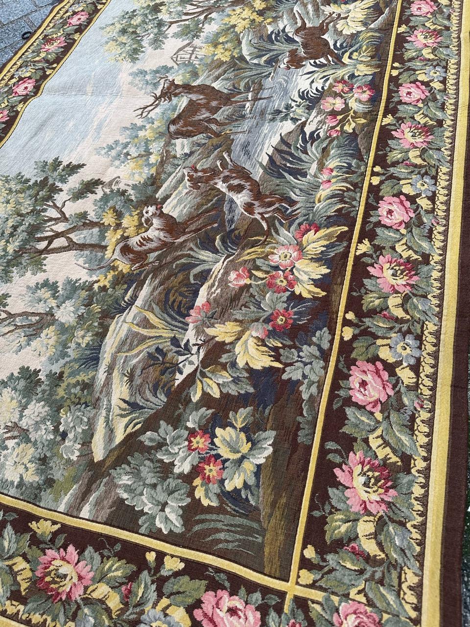 Pretty vintage French jacquard tapestry Aubusson style, deer hunting design  For Sale 13