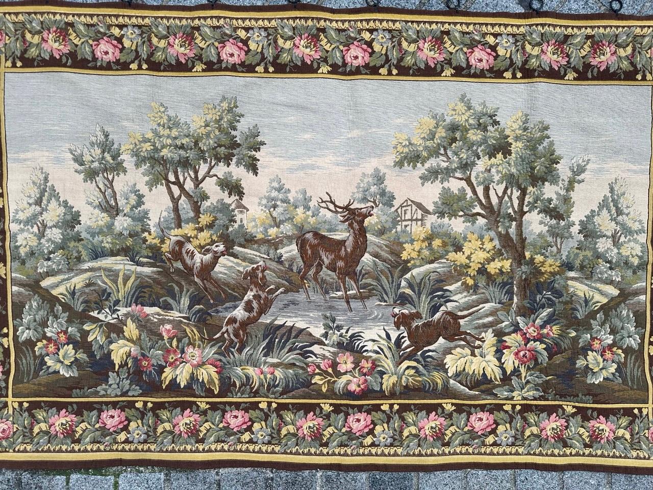 Pretty vintage French jacquard tapestry, woven in jacquard looms in Aubusson style tapestries, with a beautiful design of deer hunting, showing hunting dogs surrounding a deer, taking refuge in a small pond in the woods.

✨✨✨

