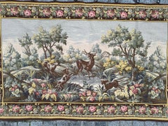 Pretty vintage French jacquard tapestry Aubusson style, deer hunting design
