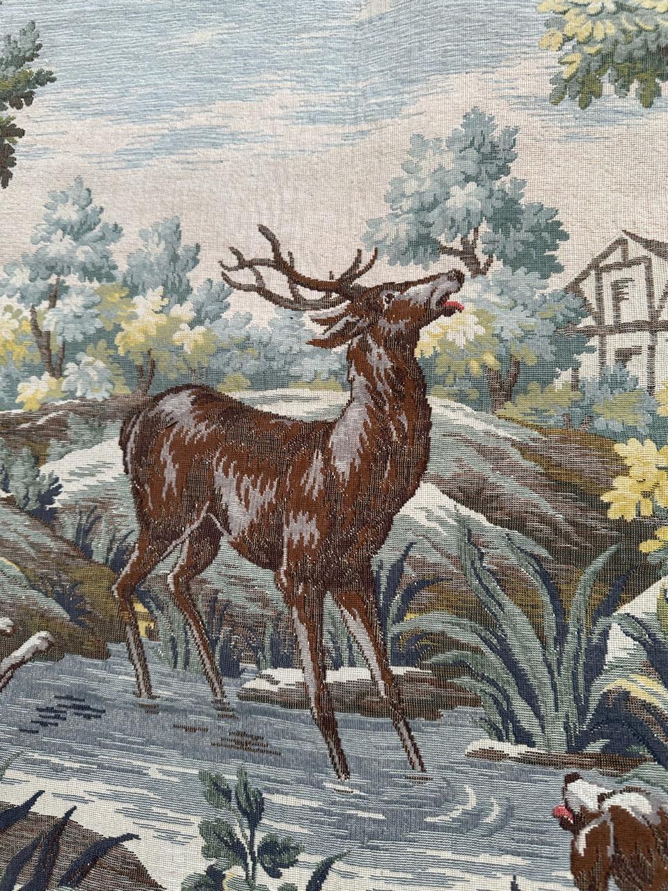 Wool Pretty vintage French jacquard tapestry Aubusson style, deer hunting design  For Sale