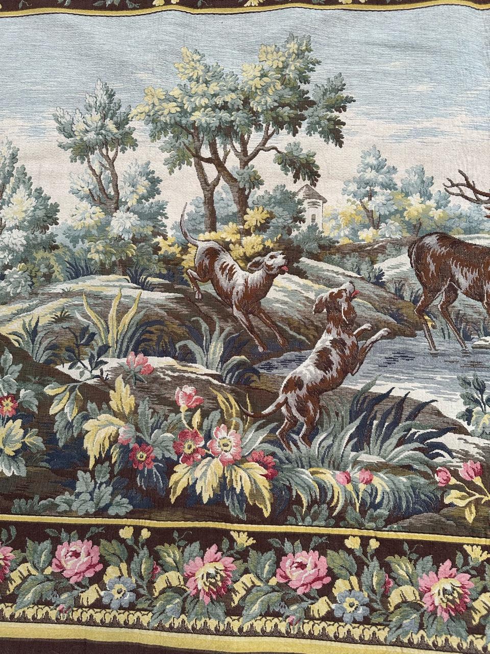 Pretty vintage French jacquard tapestry Aubusson style, deer hunting design  For Sale 2