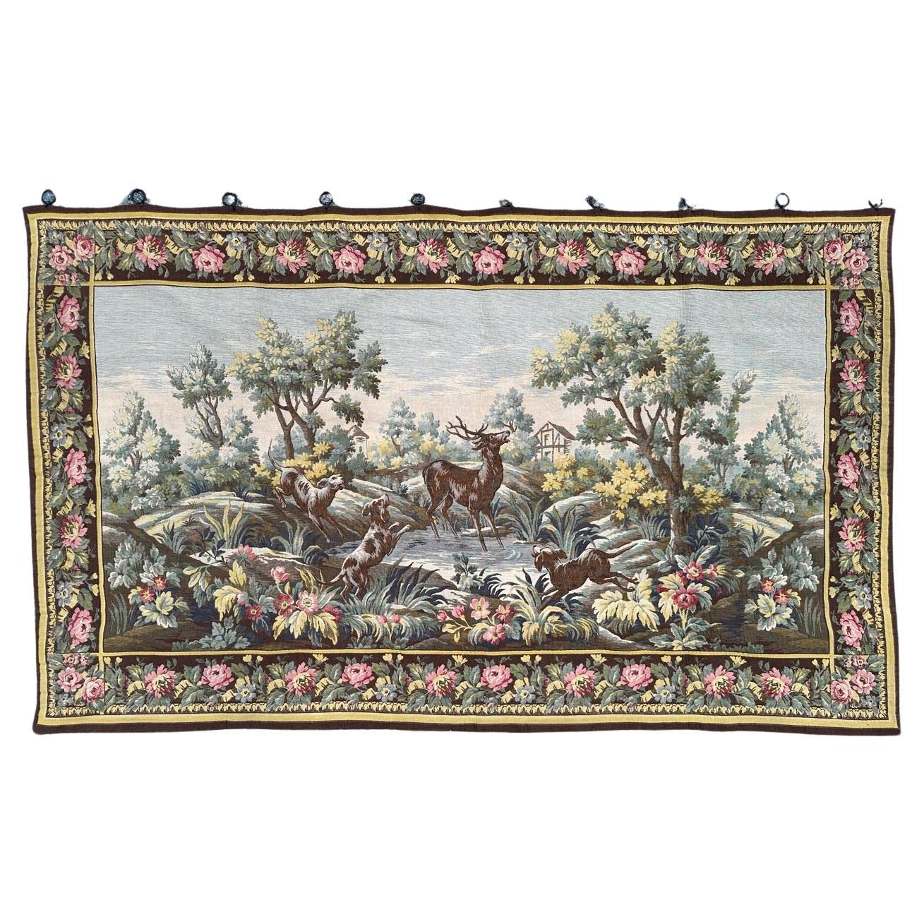 Pretty vintage French jacquard tapestry Aubusson style, deer hunting design 