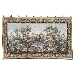 Jolie tapisserie française vintage de style Aubusson, motif chasse de cerfs 