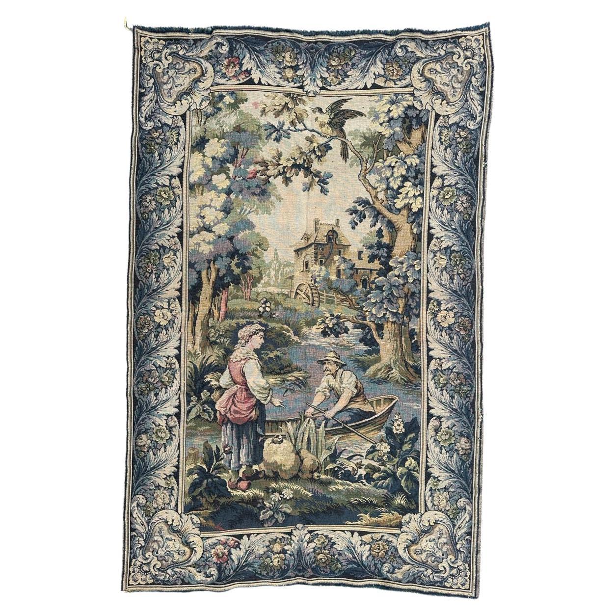 Bonito tapiz francés vintage de jacquard estilo Aubusson " barquero " en venta