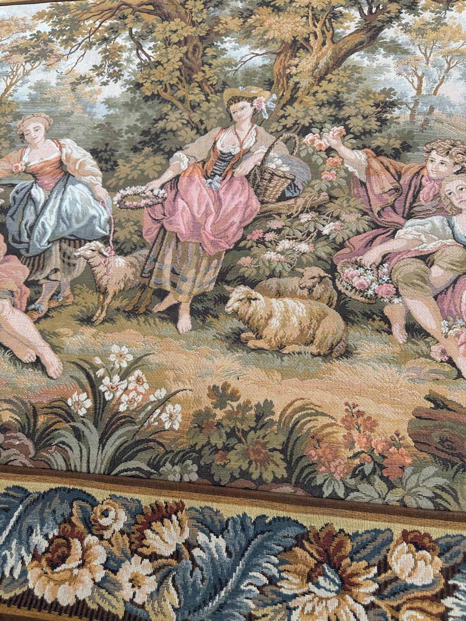 Pretty vintage French jacquard tapestry Aubusson style, “romantic rendezvous” For Sale 4