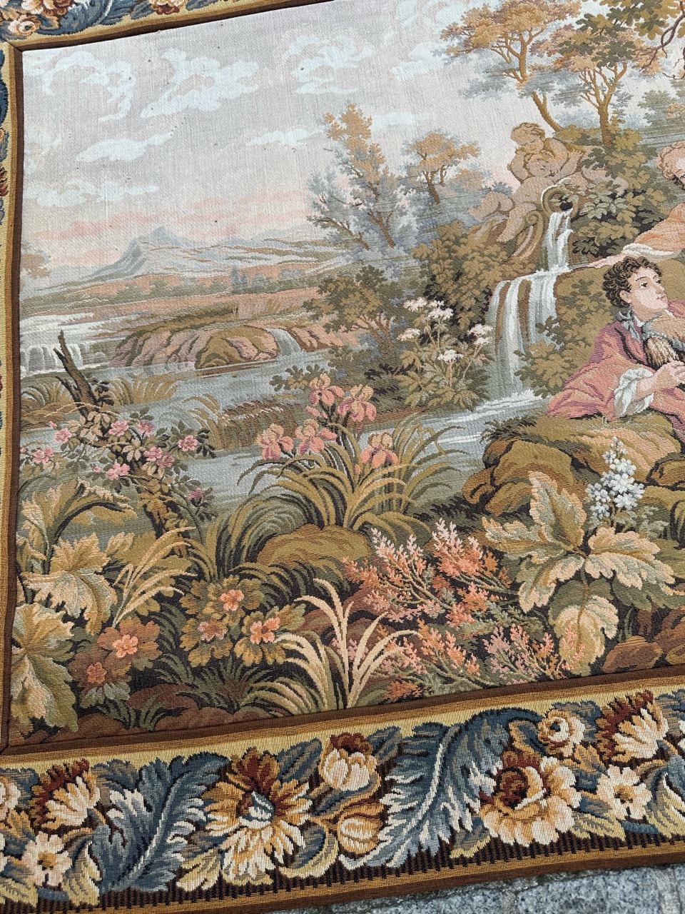 Pretty vintage French jacquard tapestry Aubusson style, “romantic rendezvous” For Sale 5
